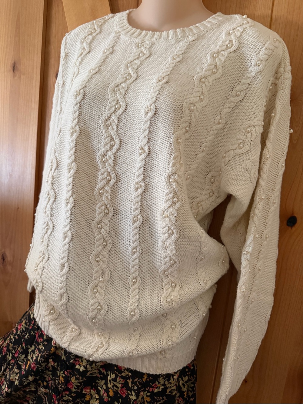 VTG 90s Leslie Fay Pearl Cable Knit Ramie Cotton Oversized Sweater Cottagecore S - Picture 4 of 15